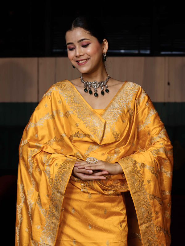 Banarasee Semi Katan Silk Zari Work Salwar Kameez Fabric With Dupatta Set-Yellow