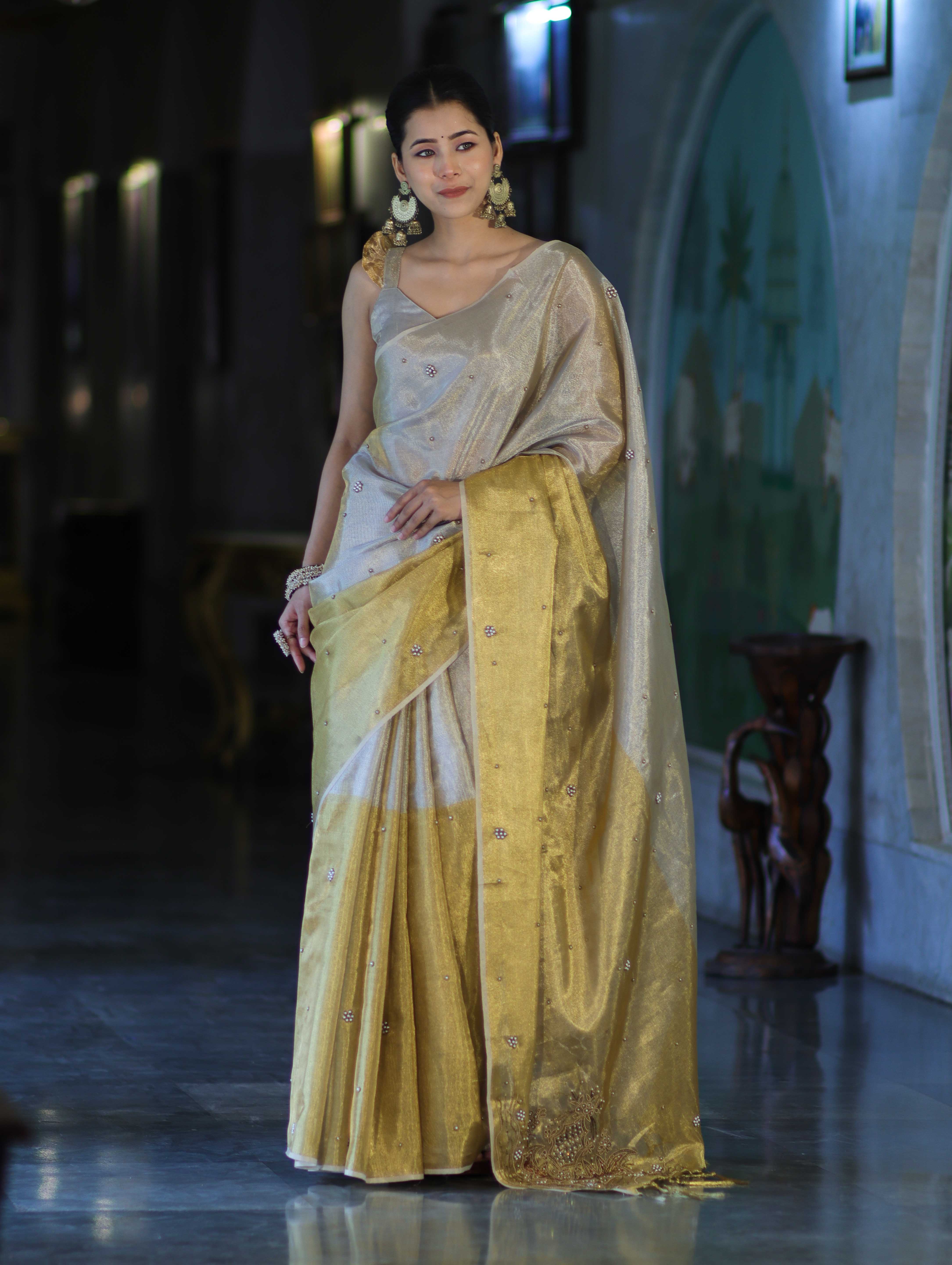 Banarasee Tissue Saree With Hand Embroidered Cutdana Work & Pearl Motifs-Gold & Silver