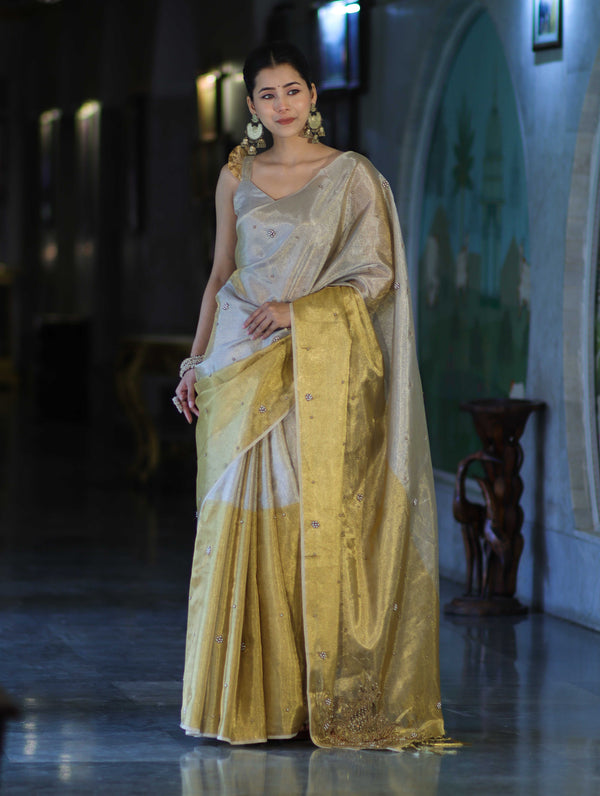 Banarasee Tissue Saree With Hand Embroidered Cutdana Work & Pearl Motifs-Gold & Silver