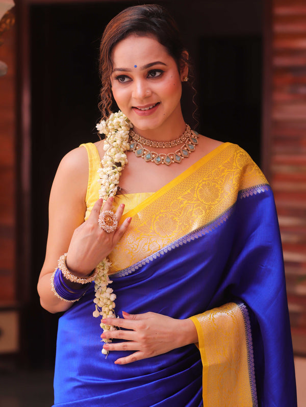 Banarasee Handloom Pure Chiniya Silk Saree With Zari Work & Contrast Border-Blue & Yellow