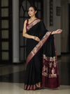 Banarasee Handloom Plain Semi Silk Saree With Zari Woven Contrast Border-Black & Maroon