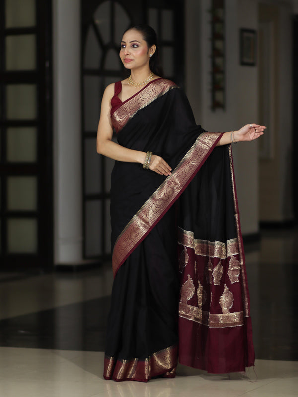Banarasee Handloom Plain Semi Silk Saree With Zari Woven Contrast Border-Black & Maroon