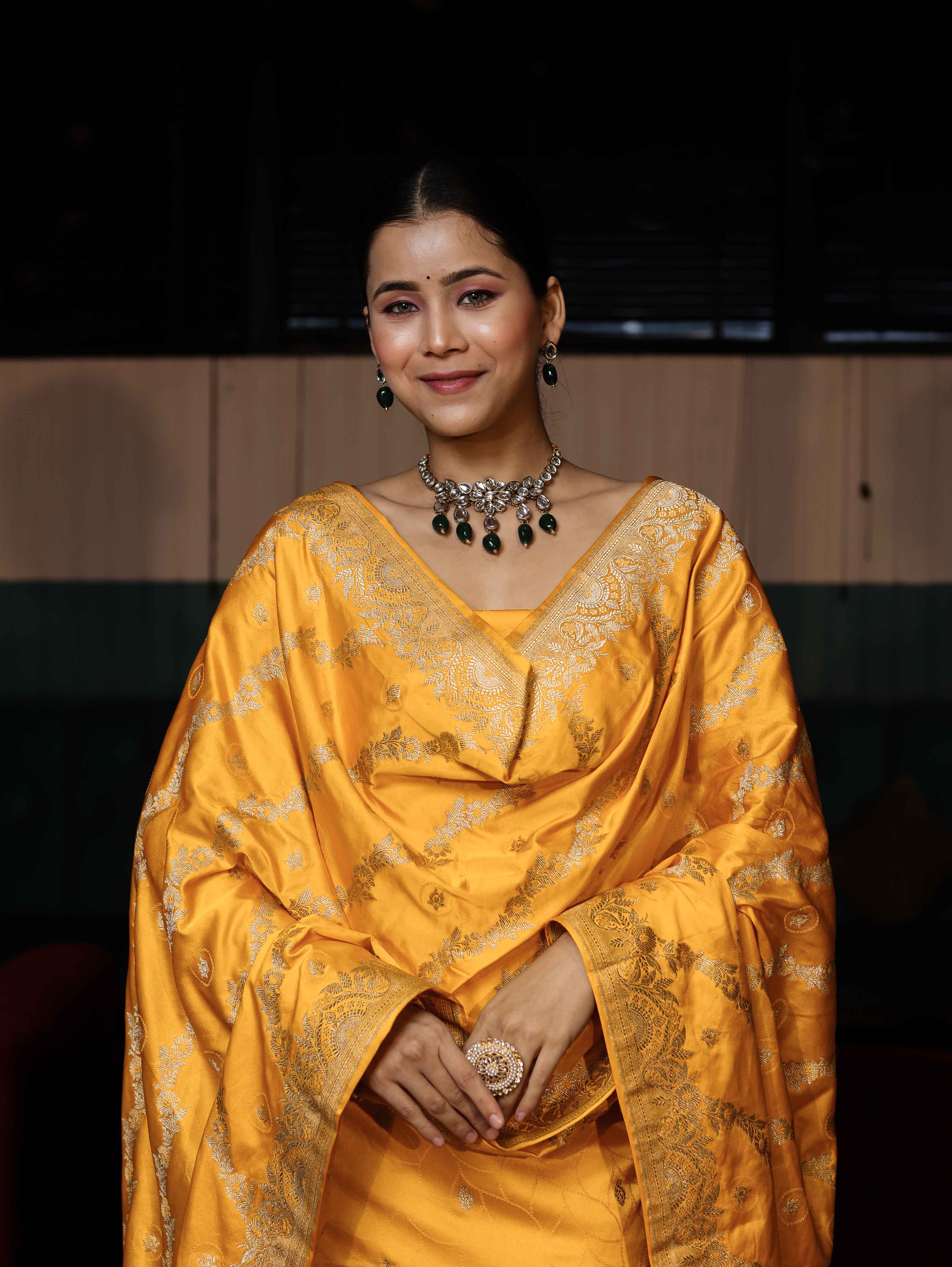Banarasee Semi Katan Silk Zari Work Salwar Kameez Fabric With Dupatta Set-Yellow