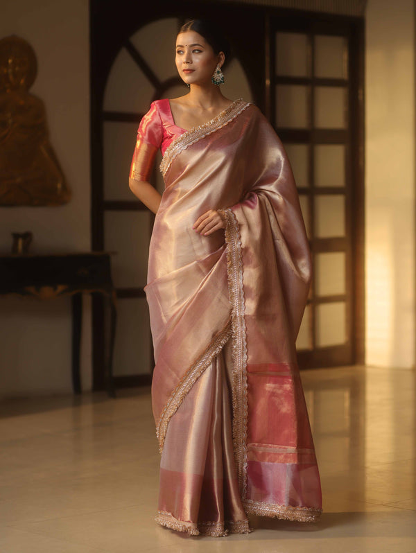 Banarasee Handwoven Tissue Zari Saree With Broder & Lace-Pink