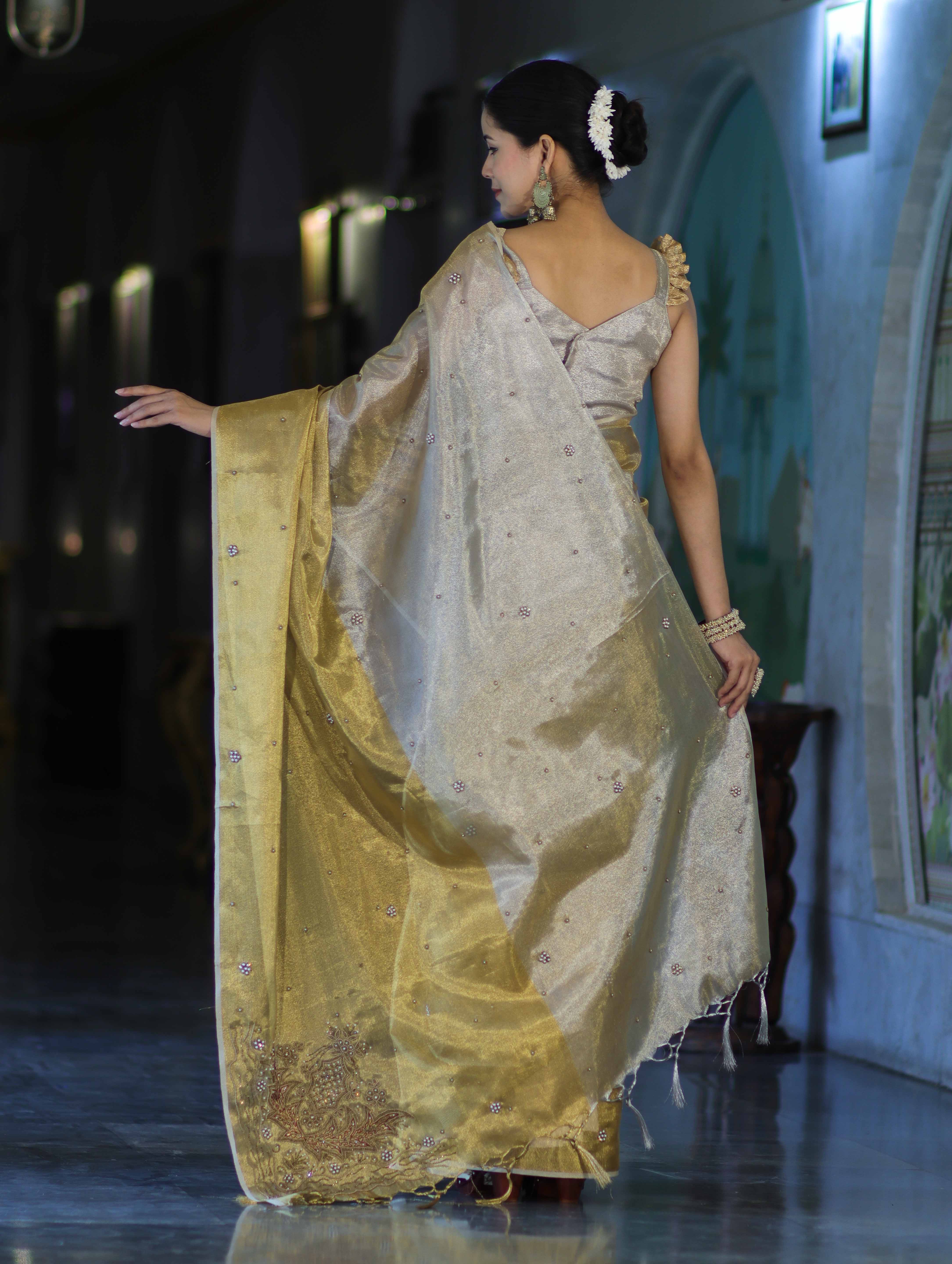 Banarasee Tissue Saree With Hand Embroidered Cutdana Work & Pearl Motifs-Gold & Silver