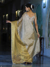 Banarasee Tissue Saree With Hand Embroidered Cutdana Work & Pearl Motifs-Gold & Silver