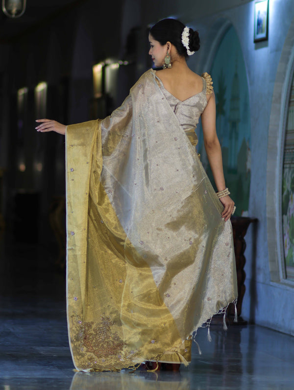 Banarasee Tissue Saree With Hand Embroidered Cutdana Work & Pearl Motifs-Gold & Silver