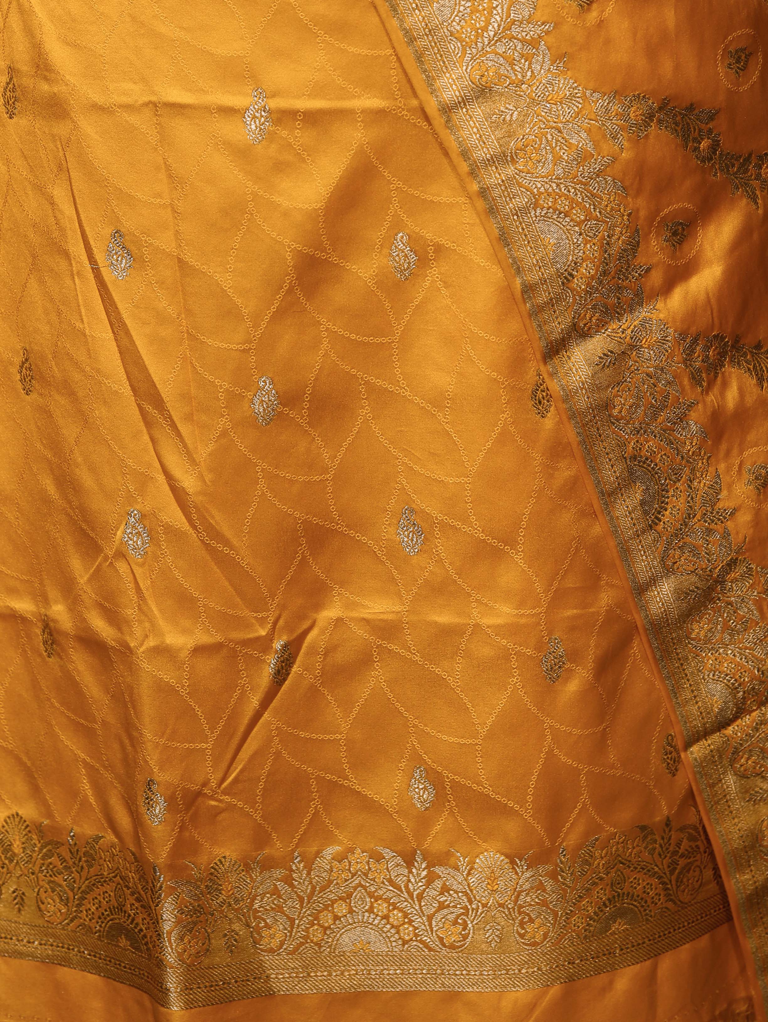 Banarasee Semi Katan Silk Zari Work Salwar Kameez Fabric With Dupatta Set-Yellow