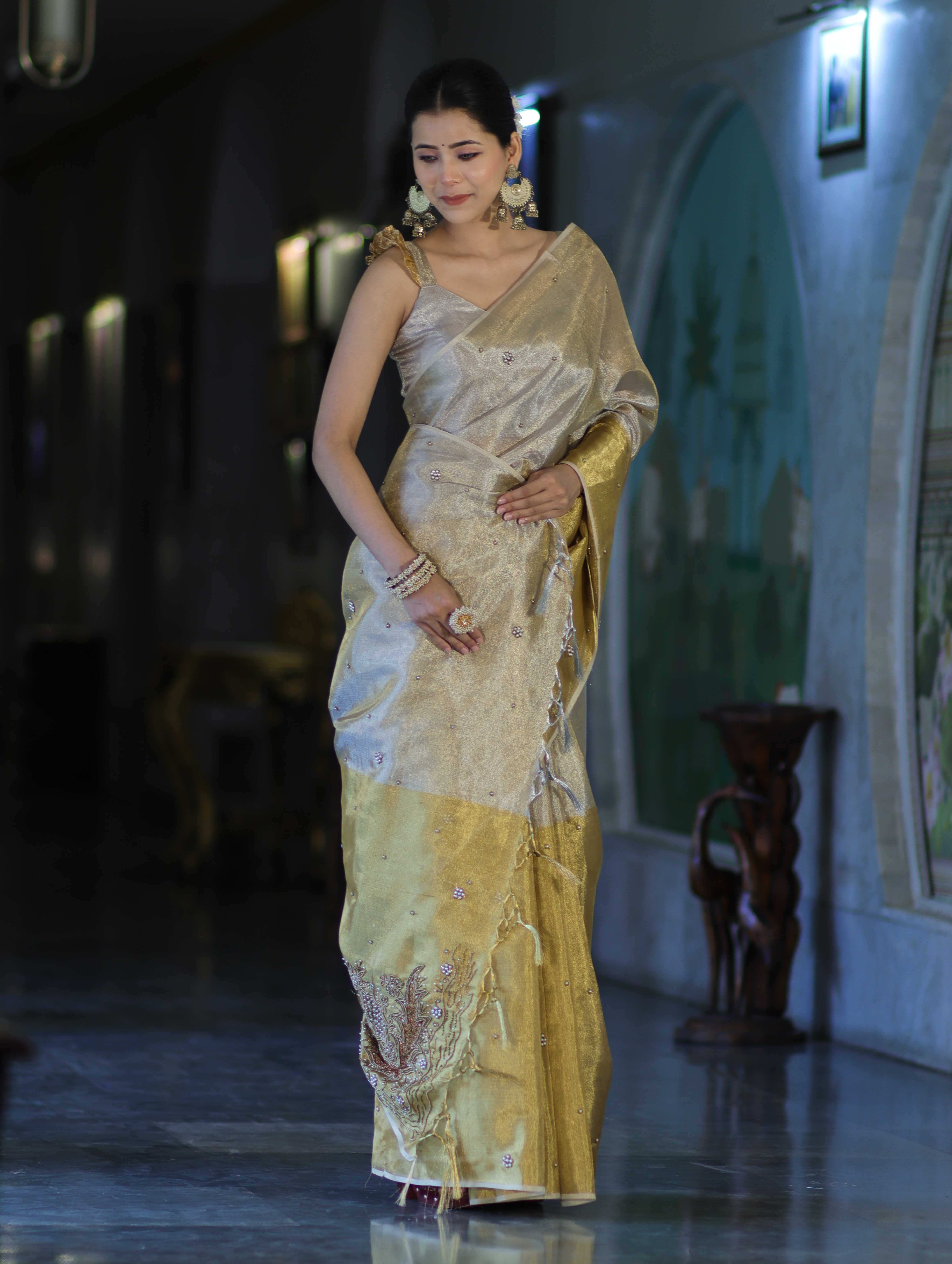 Banarasee Tissue Saree With Hand Embroidered Cutdana Work & Pearl Motifs-Gold & Silver