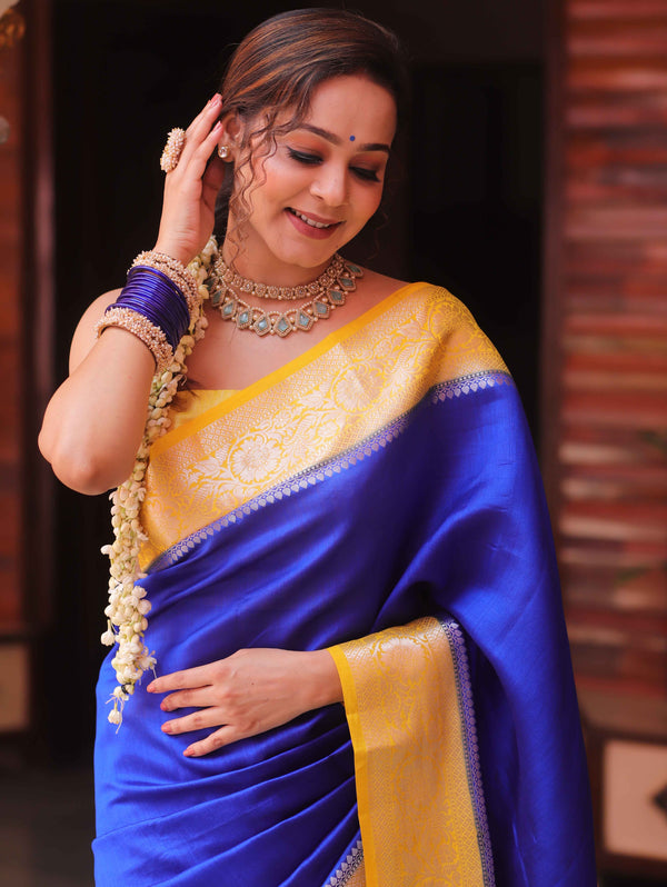 Banarasee Handloom Pure Chiniya Silk Saree With Zari Work & Contrast Border-Blue & Yellow