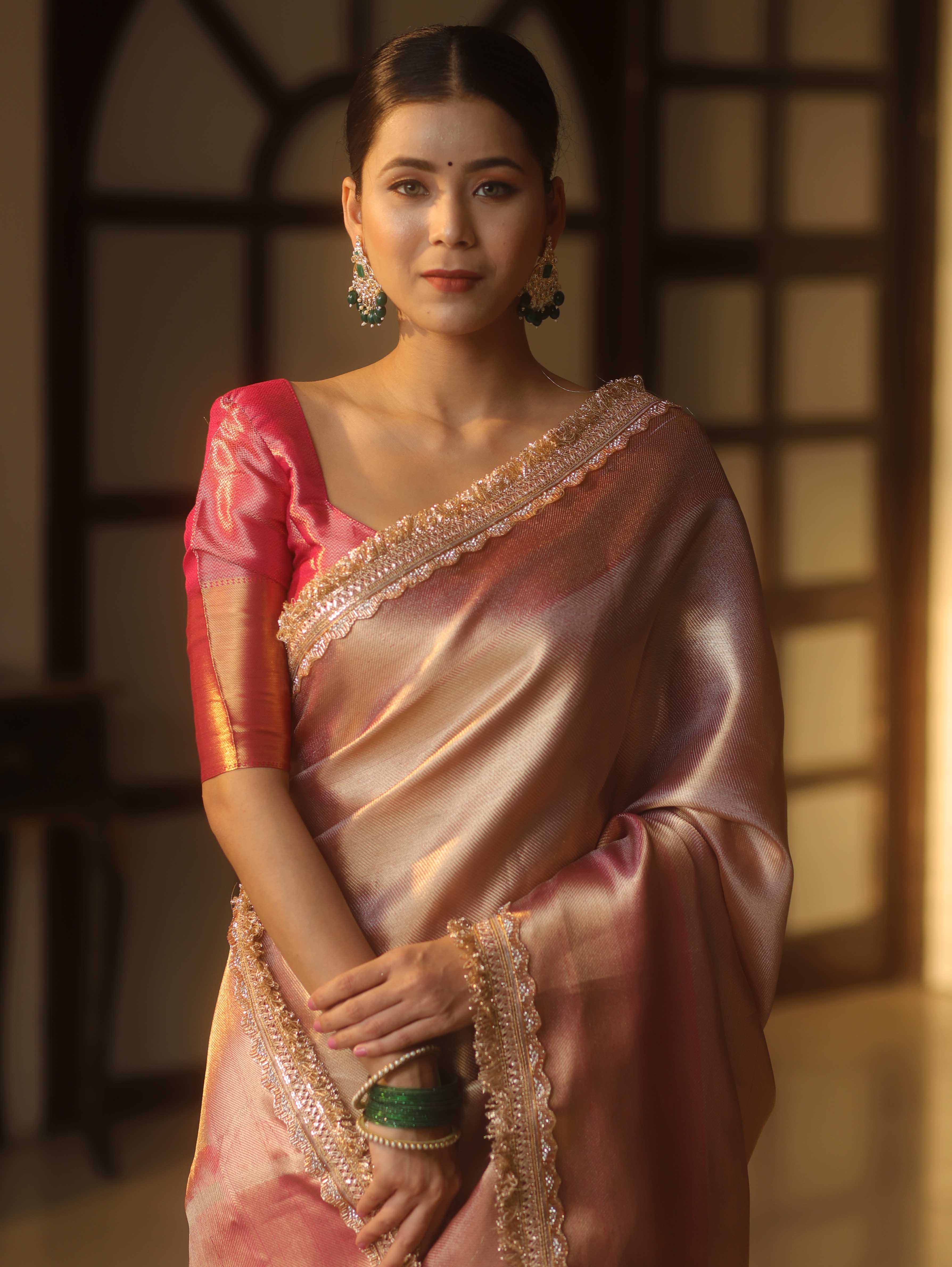 Banarasee Handwoven Tissue Zari Saree With Broder & Lace-Pink