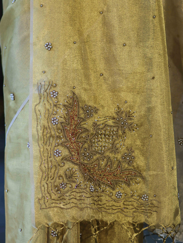 Banarasee Tissue Saree With Hand Embroidered Cutdana Work & Pearl Motifs-Gold & Silver