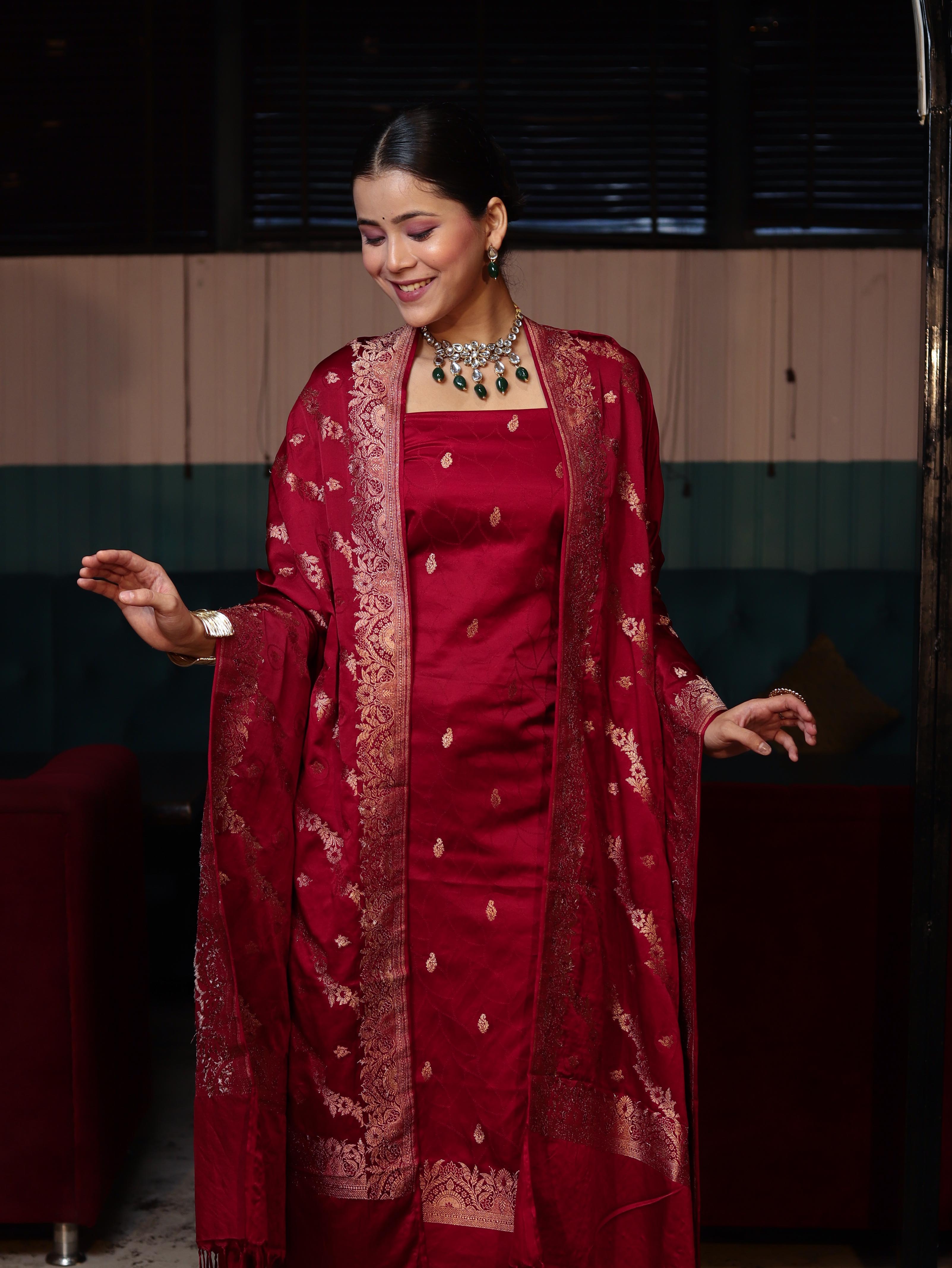Banarasee Semi Katan Silk Zari Work Salwar Kameez Fabric With Dupatta Set-Maroon