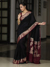 Banarasee Handloom Plain Semi Silk Saree With Zari Woven Contrast Border-Black & Maroon