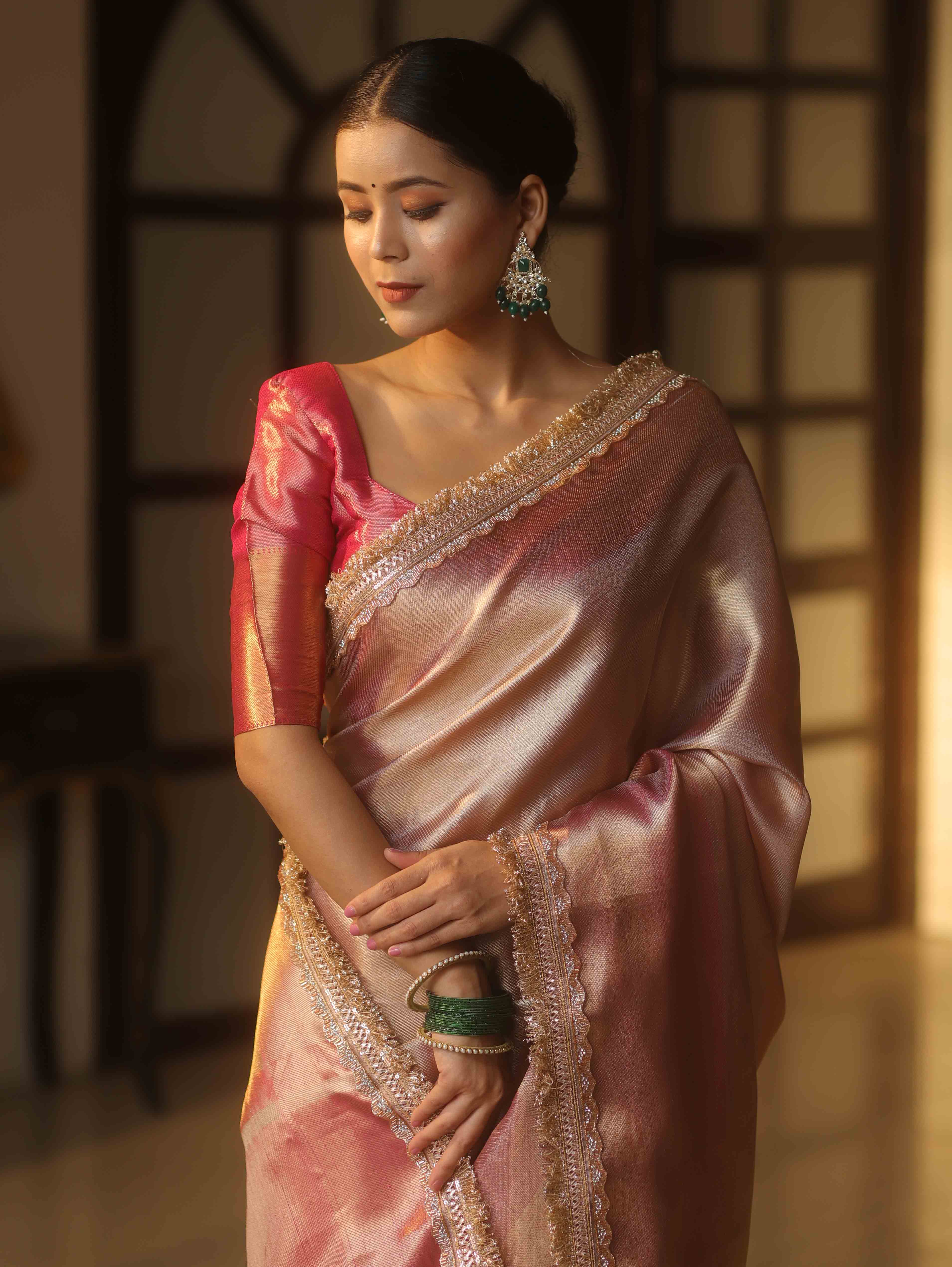 Banarasee Handwoven Tissue Zari Saree With Broder & Lace-Pink