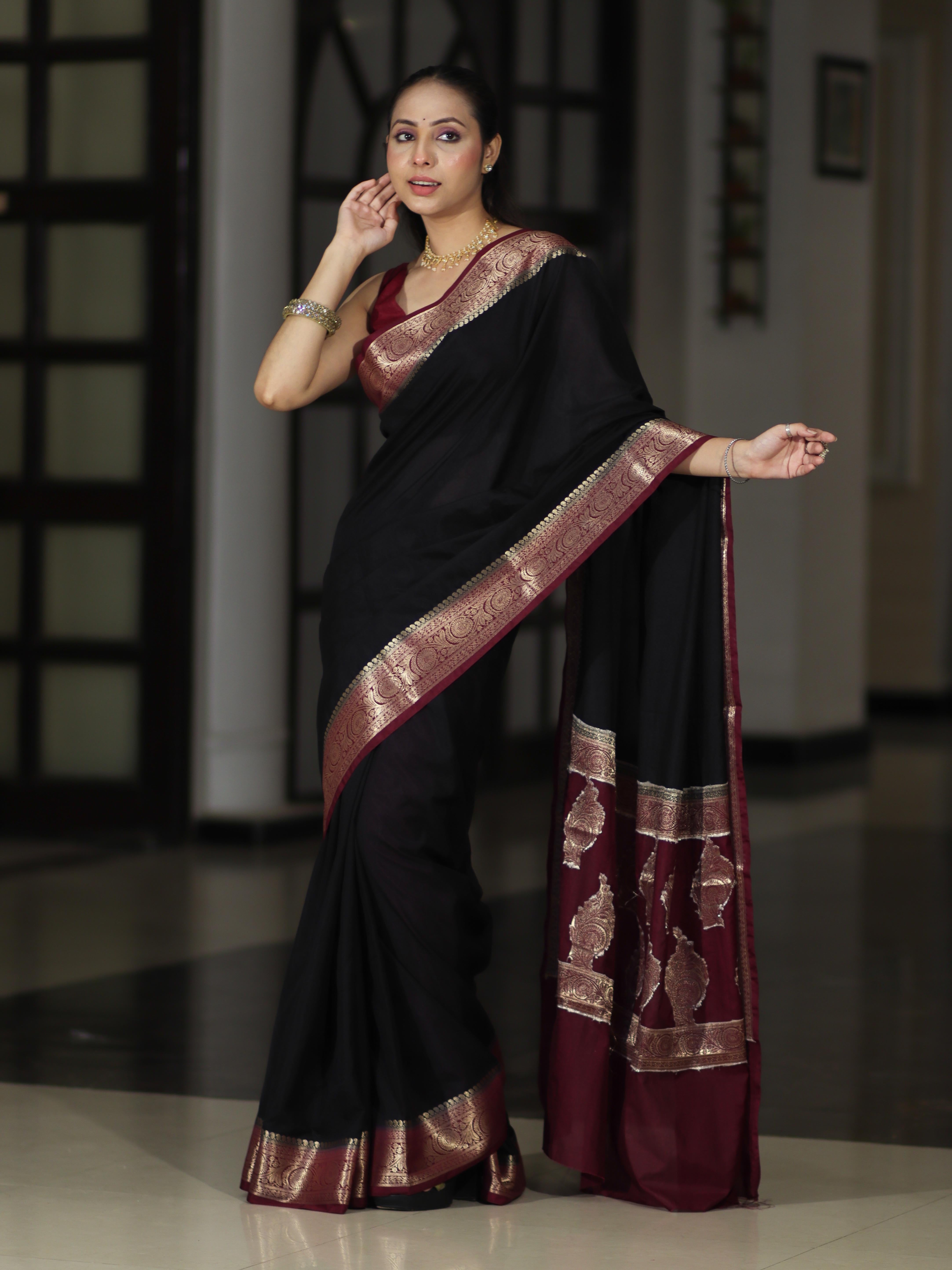 Banarasee Handloom Plain Semi Silk Saree With Zari Woven Contrast Border-Black & Maroon