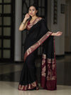 Banarasee Handloom Plain Semi Silk Saree With Zari Woven Contrast Border-Black & Maroon