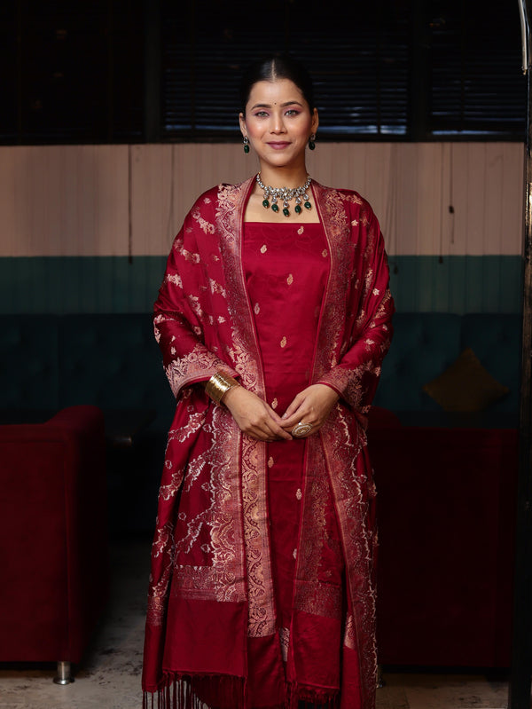 Banarasee Semi Katan Silk Zari Work Salwar Kameez Fabric With Dupatta Set-Maroon