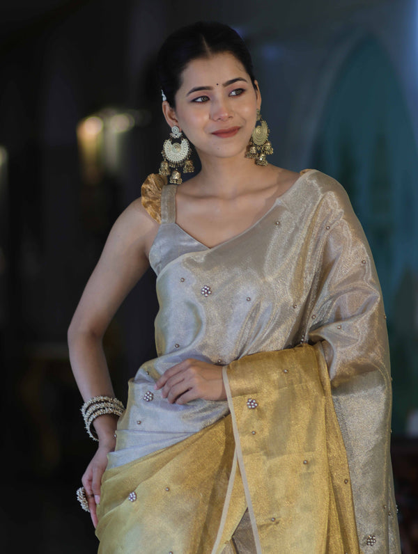 Banarasee Tissue Saree With Hand Embroidered Cutdana Work & Pearl Motifs-Gold & Silver