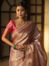 Banarasee Handwoven Tissue Zari Saree With Broder & Lace-Pink