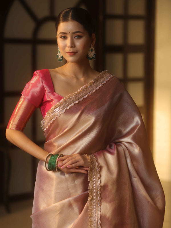 Banarasee Handwoven Tissue Zari Saree With Broder & Lace-Pink