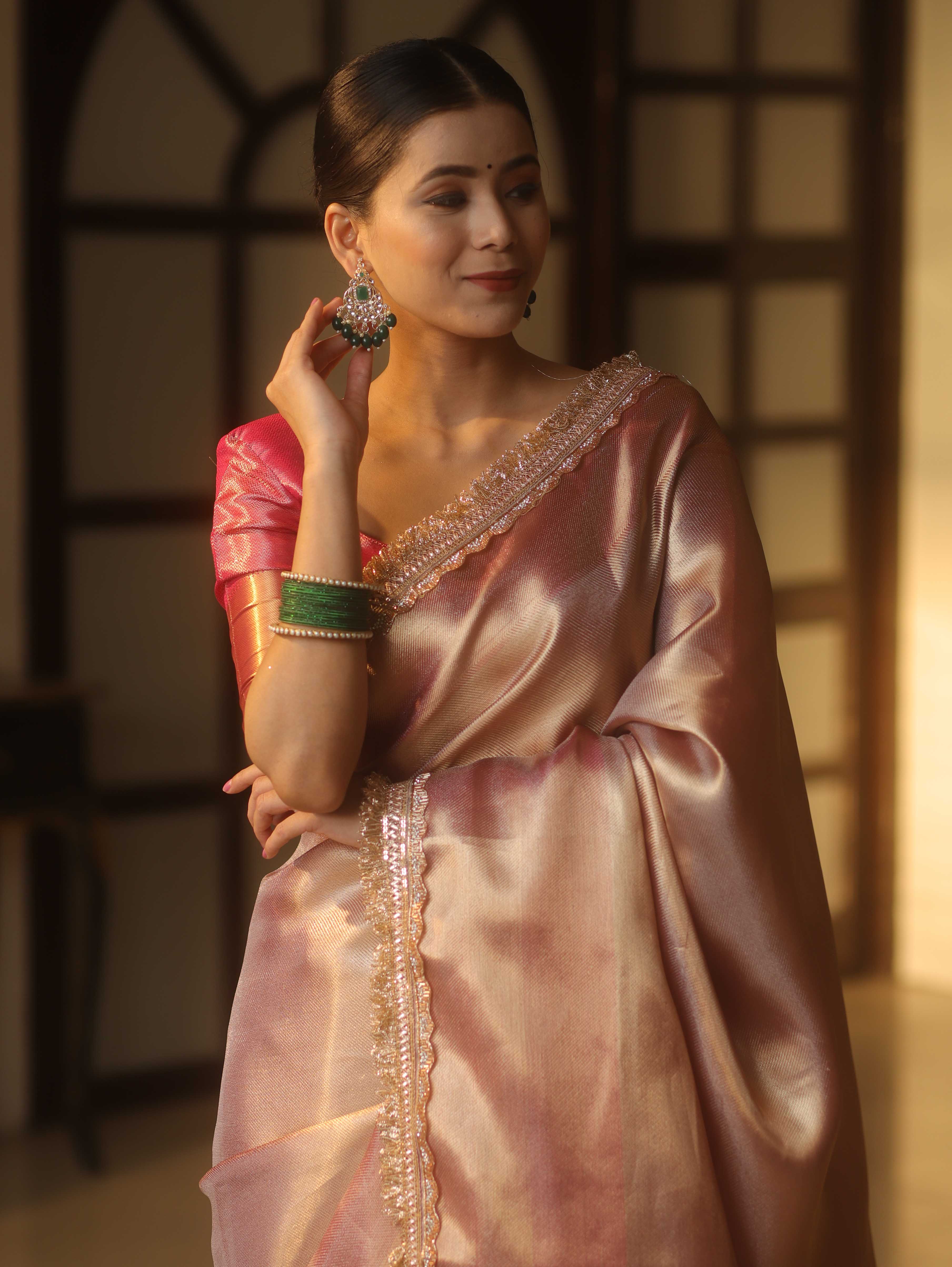 Banarasee Handwoven Tissue Zari Saree With Broder & Lace-Pink