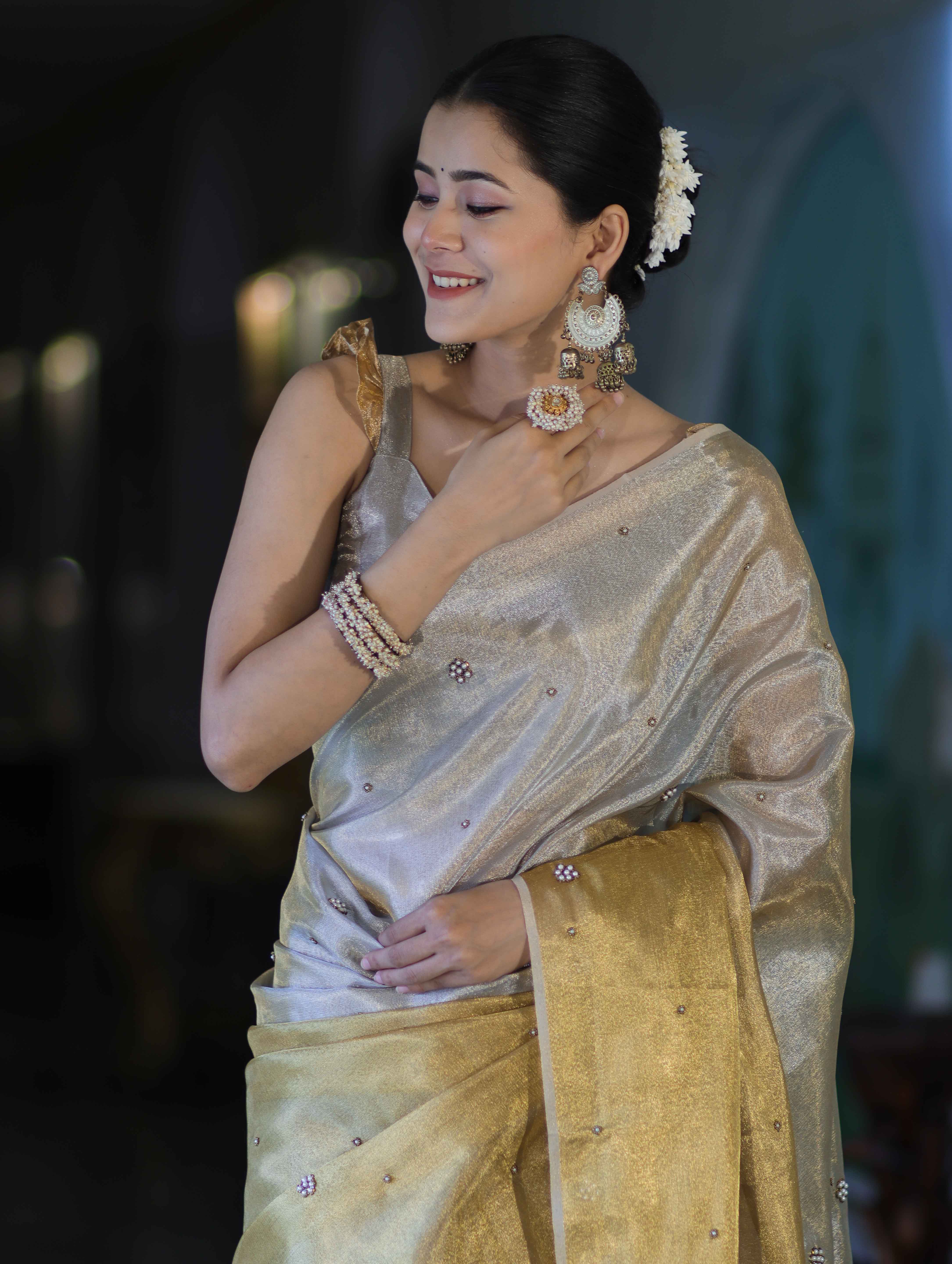 Banarasee Tissue Saree With Hand Embroidered Cutdana Work & Pearl Motifs-Gold & Silver