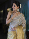 Banarasee Tissue Saree With Hand Embroidered Cutdana Work & Pearl Motifs-Gold & Silver
