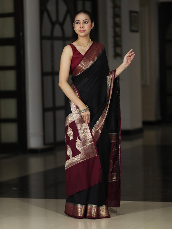 Banarasee Handloom Plain Semi Silk Saree With Zari Woven Contrast Border-Black & Maroon