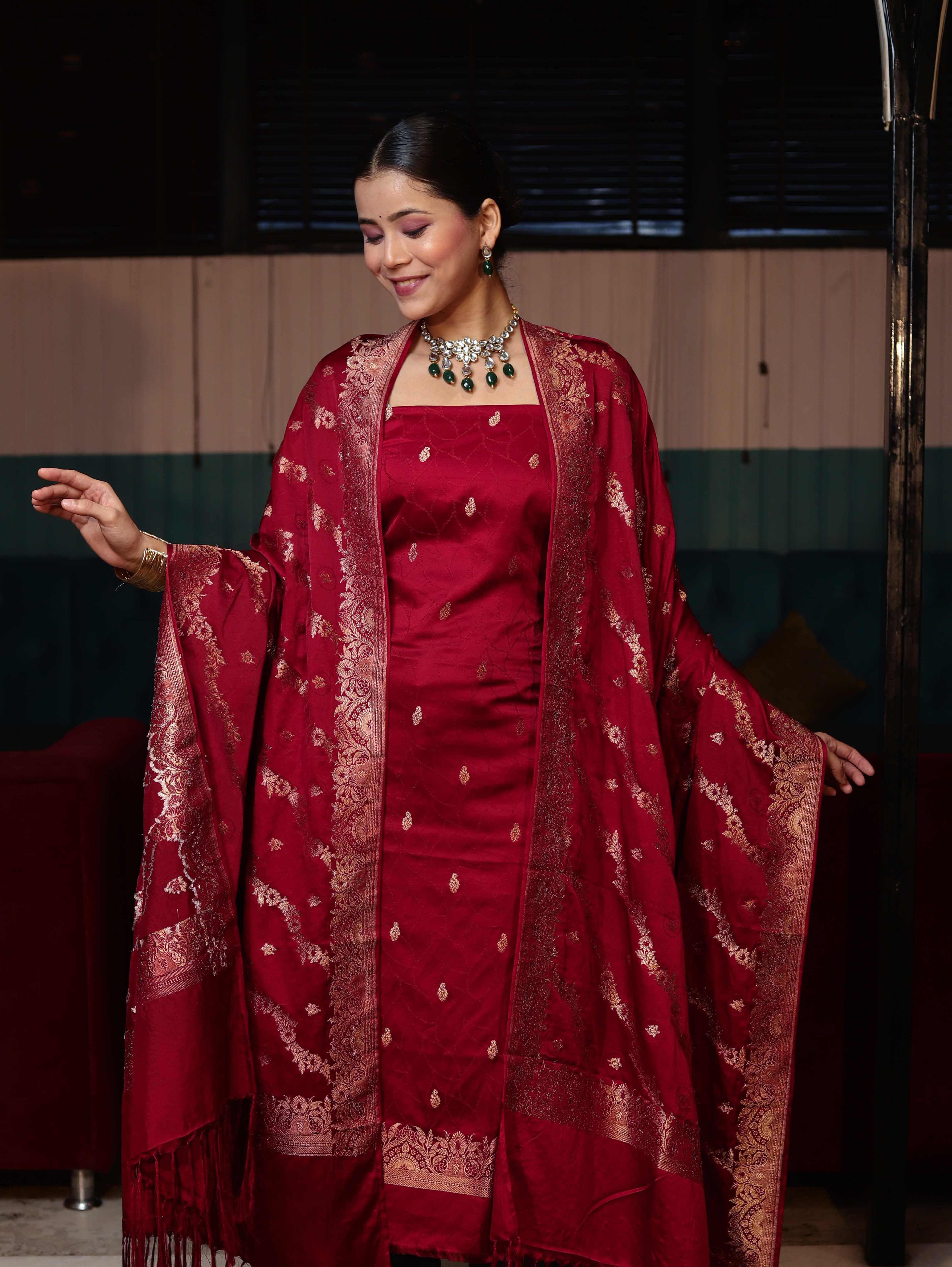 Banarasee Semi Katan Silk Zari Work Salwar Kameez Fabric With Dupatta Set-Maroon