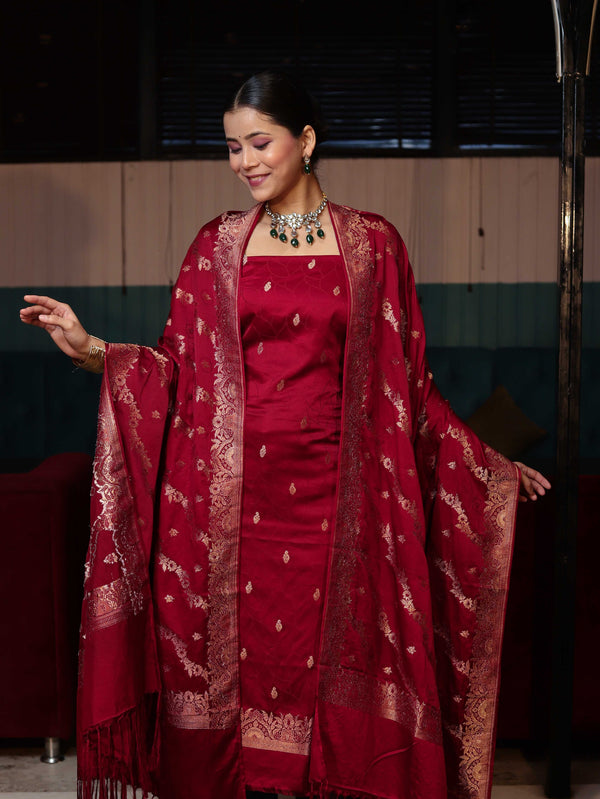 Banarasee Semi Katan Silk Zari Work Salwar Kameez Fabric With Dupatta Set-Maroon