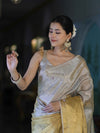 Banarasee Tissue Saree With Hand Embroidered Cutdana Work & Pearl Motifs-Gold & Silver