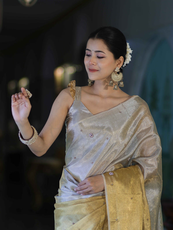 Banarasee Tissue Saree With Hand Embroidered Cutdana Work & Pearl Motifs-Gold & Silver