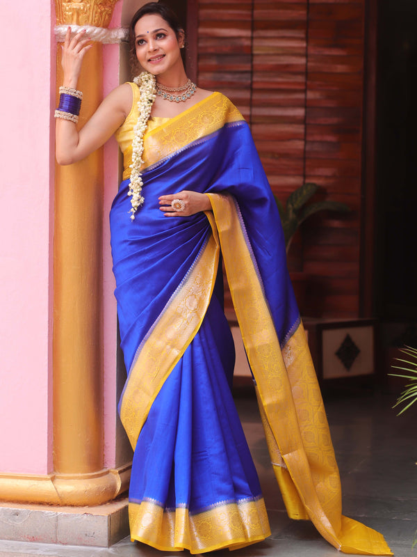 Banarasee Handloom Pure Chiniya Silk Saree With Zari Work & Contrast Border-Blue & Yellow