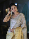 Banarasee Tissue Saree With Hand Embroidered Cutdana Work & Pearl Motifs-Gold & Silver