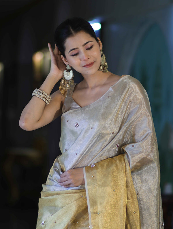 Banarasee Tissue Saree With Hand Embroidered Cutdana Work & Pearl Motifs-Gold & Silver
