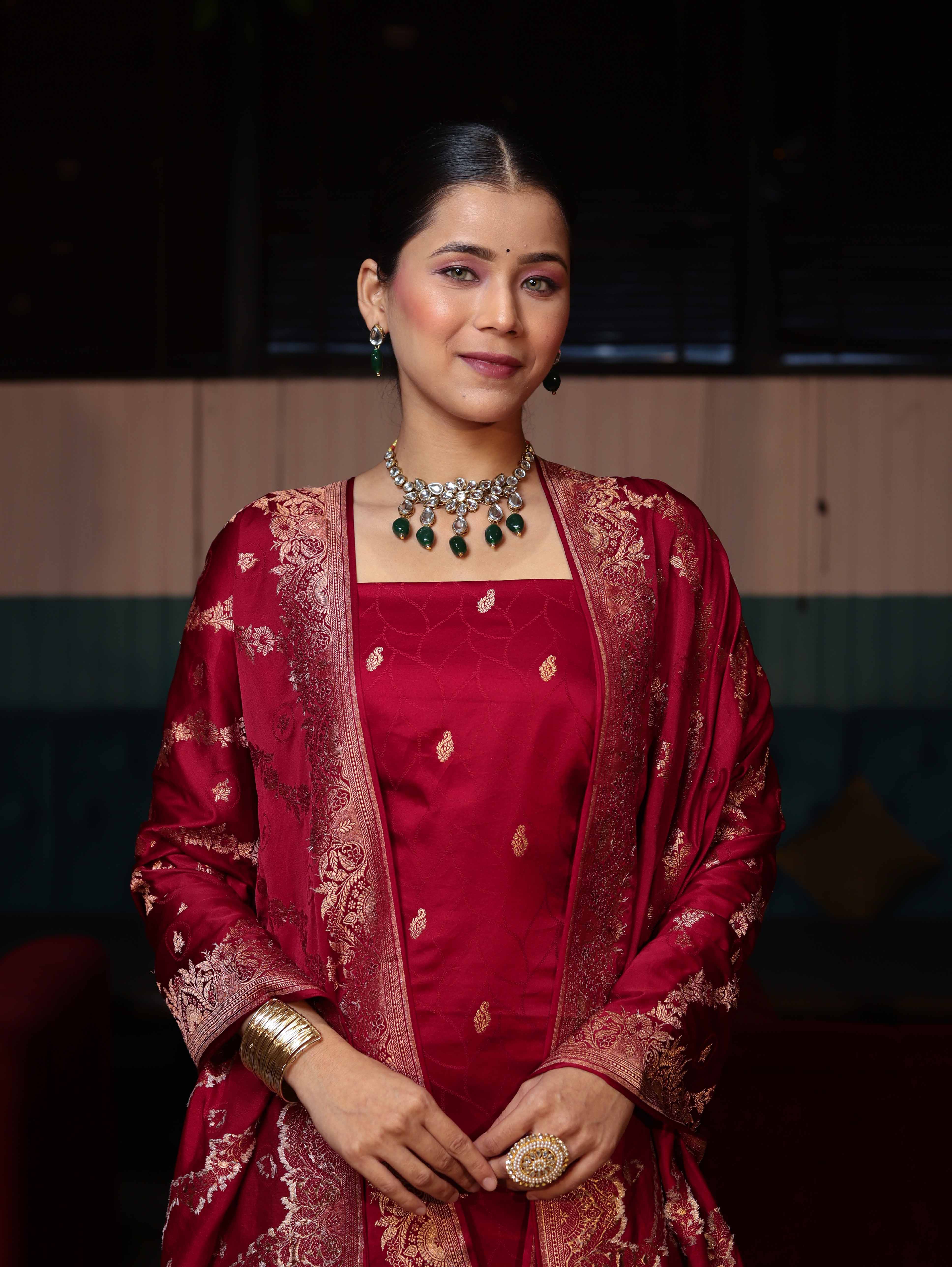 Banarasee Semi Katan Silk Zari Work Salwar Kameez Fabric With Dupatta Set-Maroon