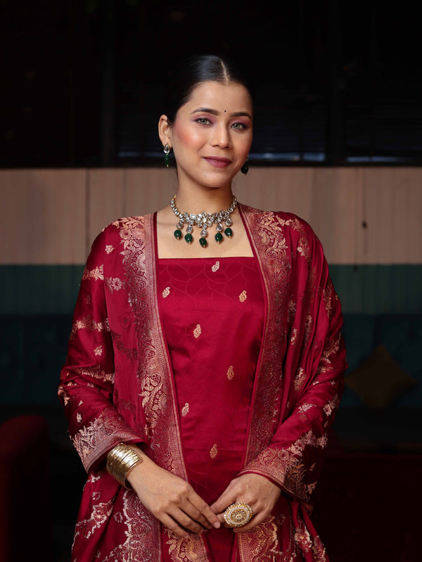 Banarasee Semi Katan Silk Zari Work Salwar Kameez Fabric With Dupatta Set-Maroon