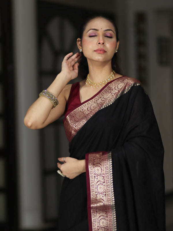 Banarasee Handloom Plain Semi Silk Saree With Zari Woven Contrast Border-Black & Maroon