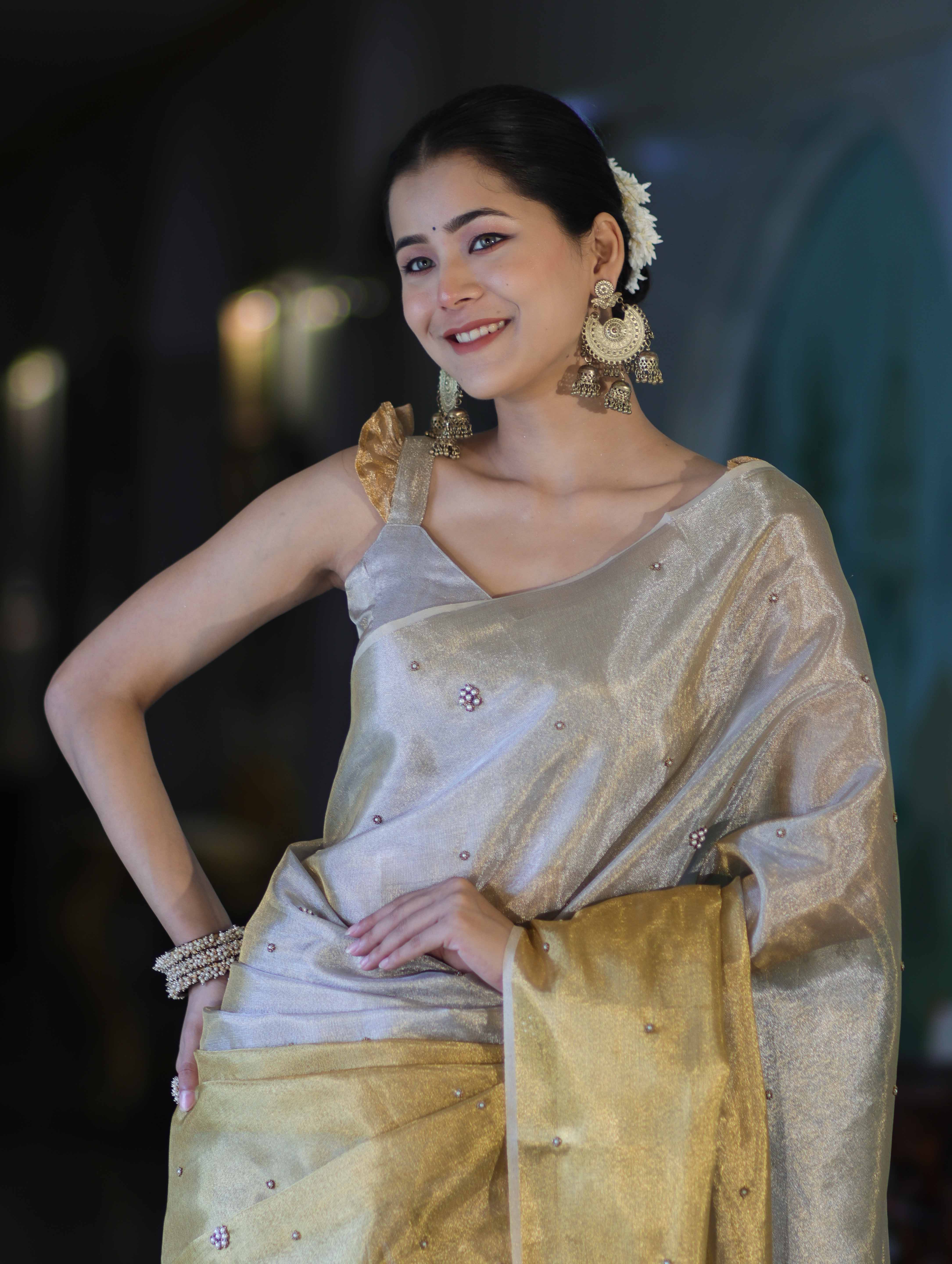 Banarasee Tissue Saree With Hand Embroidered Cutdana Work & Pearl Motifs-Gold & Silver