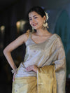Banarasee Tissue Saree With Hand Embroidered Cutdana Work & Pearl Motifs-Gold & Silver