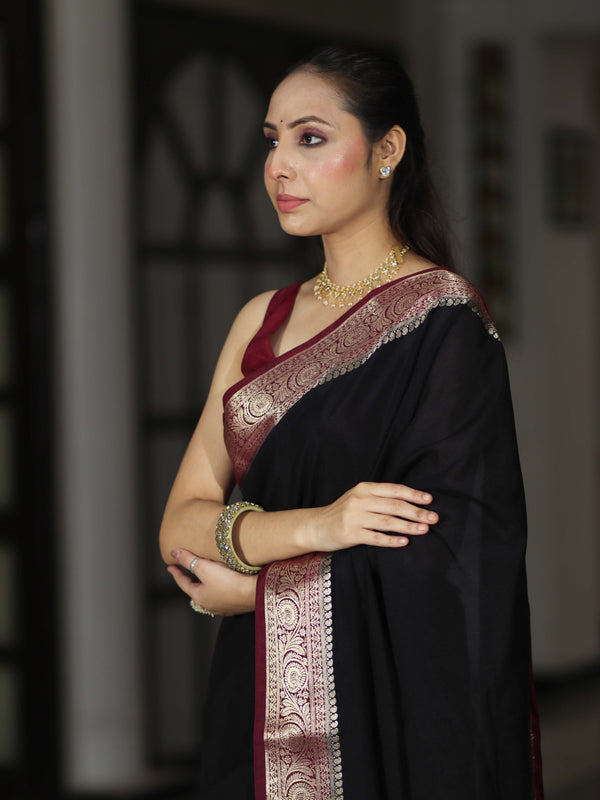 Banarasee Handloom Plain Semi Silk Saree With Zari Woven Contrast Border-Black & Maroon