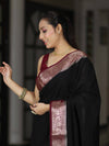 Banarasee Handloom Plain Semi Silk Saree With Zari Woven Contrast Border-Black & Maroon