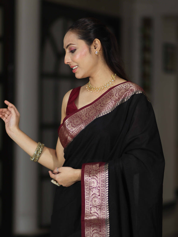 Banarasee Handloom Plain Semi Silk Saree With Zari Woven Contrast Border-Black & Maroon