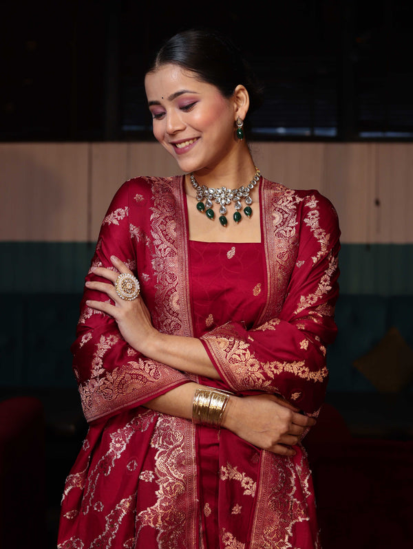 Banarasee Semi Katan Silk Zari Work Salwar Kameez Fabric With Dupatta Set-Maroon