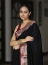 Banarasee Handloom Plain Semi Silk Saree With Zari Woven Contrast Border-Black & Maroon