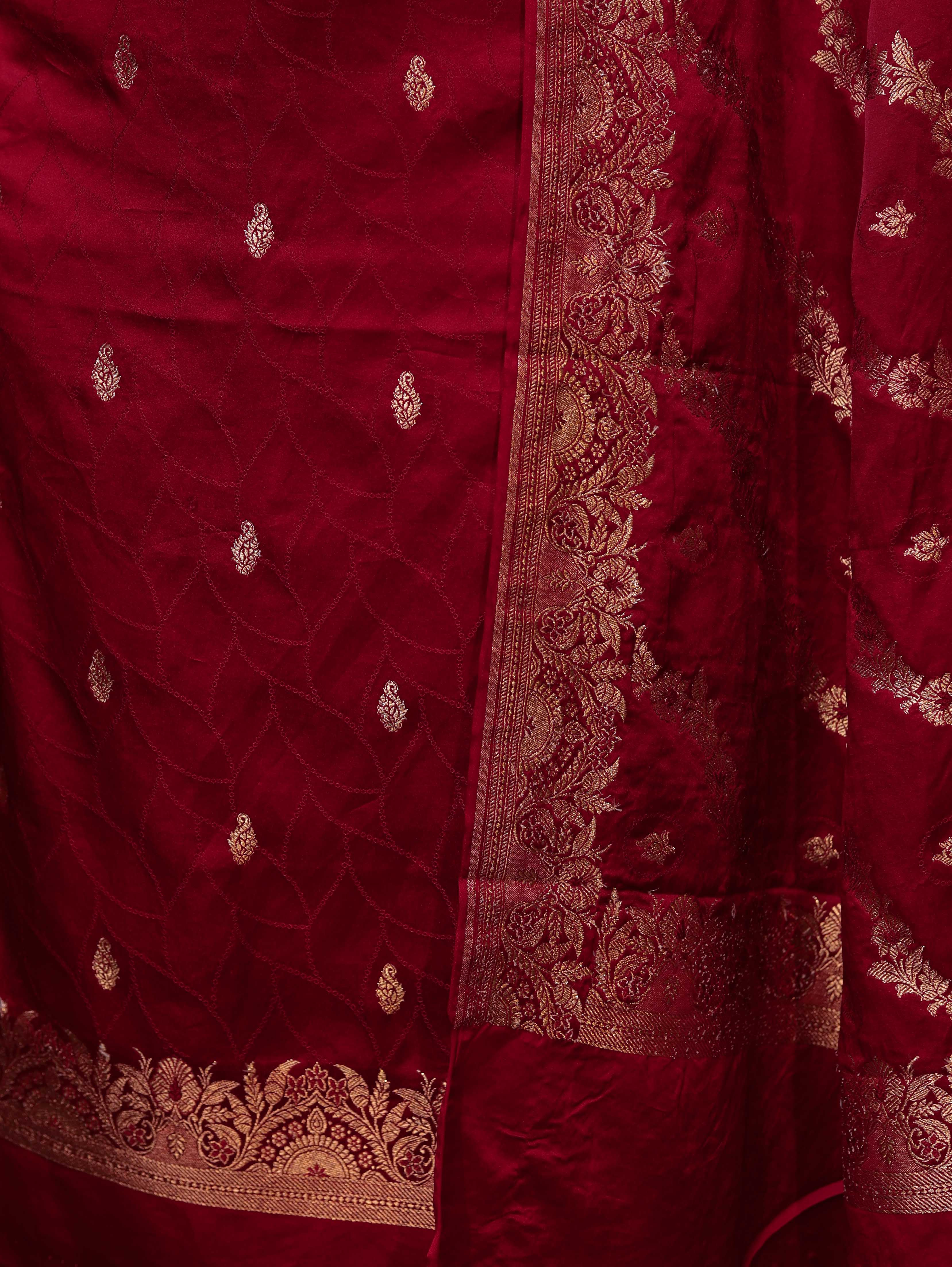 Banarasee Semi Katan Silk Zari Work Salwar Kameez Fabric With Dupatta Set-Maroon