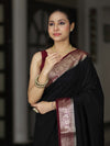 Banarasee Handloom Plain Semi Silk Saree With Zari Woven Contrast Border-Black & Maroon