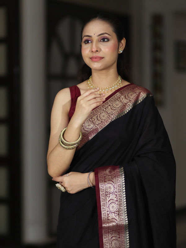 Banarasee Handloom Plain Semi Silk Saree With Zari Woven Contrast Border-Black & Maroon