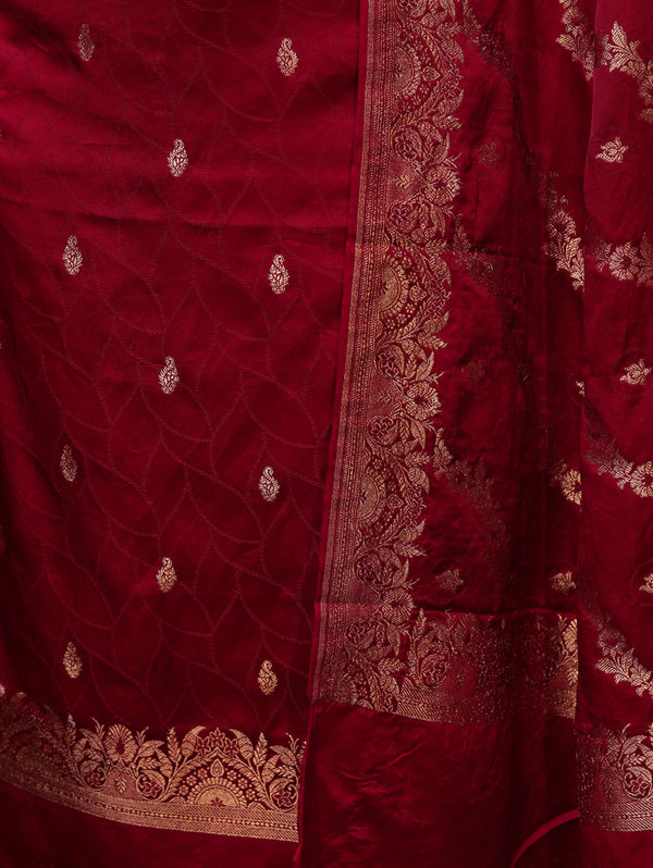 Banarasee Semi Katan Silk Zari Work Salwar Kameez Fabric With Dupatta Set-Maroon